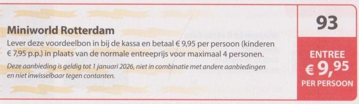 Miniworld Rotterdam Entree €9,95 p.p. Postcodeloterij bon 93, Tickets en Kaartjes, Recreatie | Pretparken en Attractieparken, Drie personen of meer