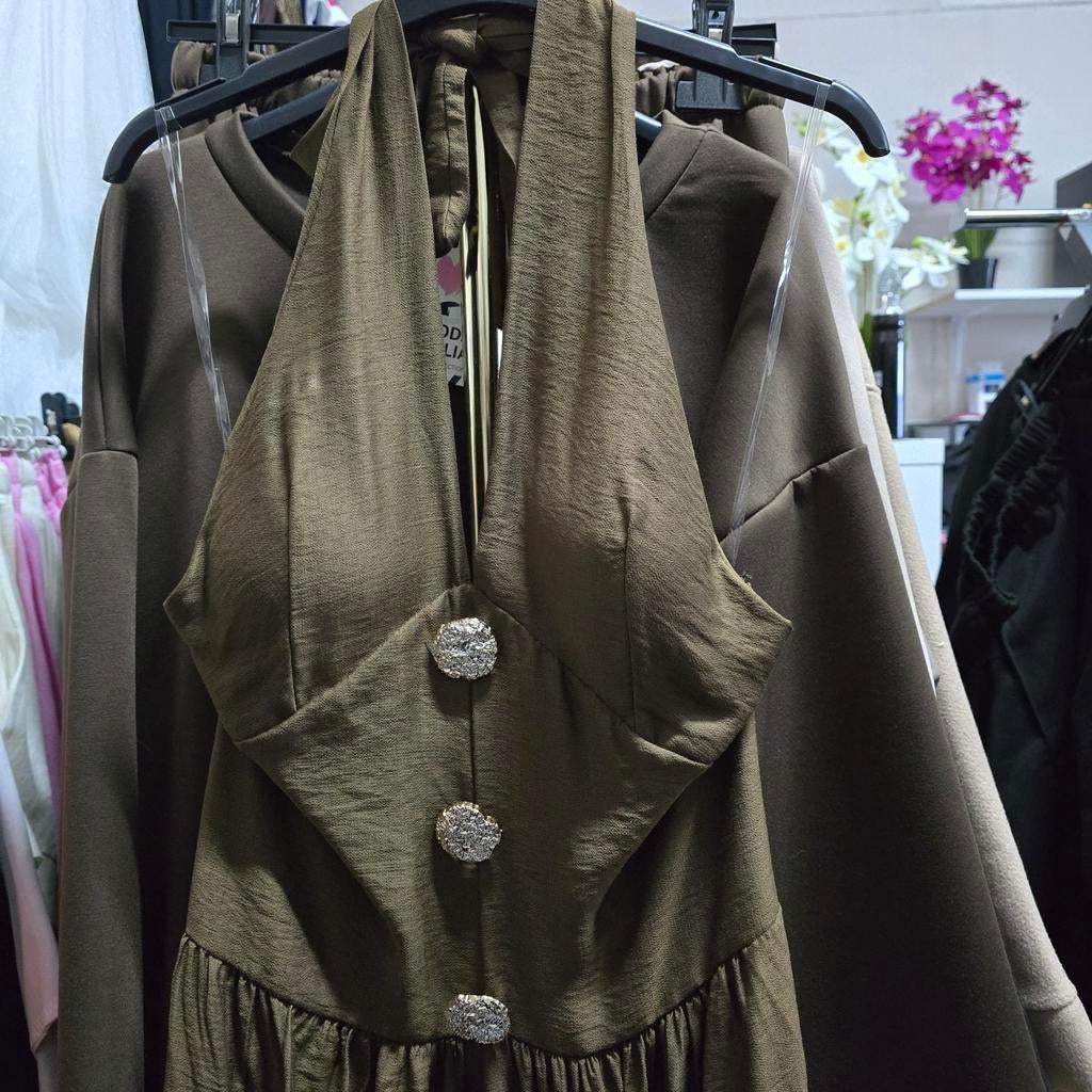 Elegante halter jurk met strik detail, Maat 38/40 (M), Bruin, Nieuw, Ophalen of Verzenden