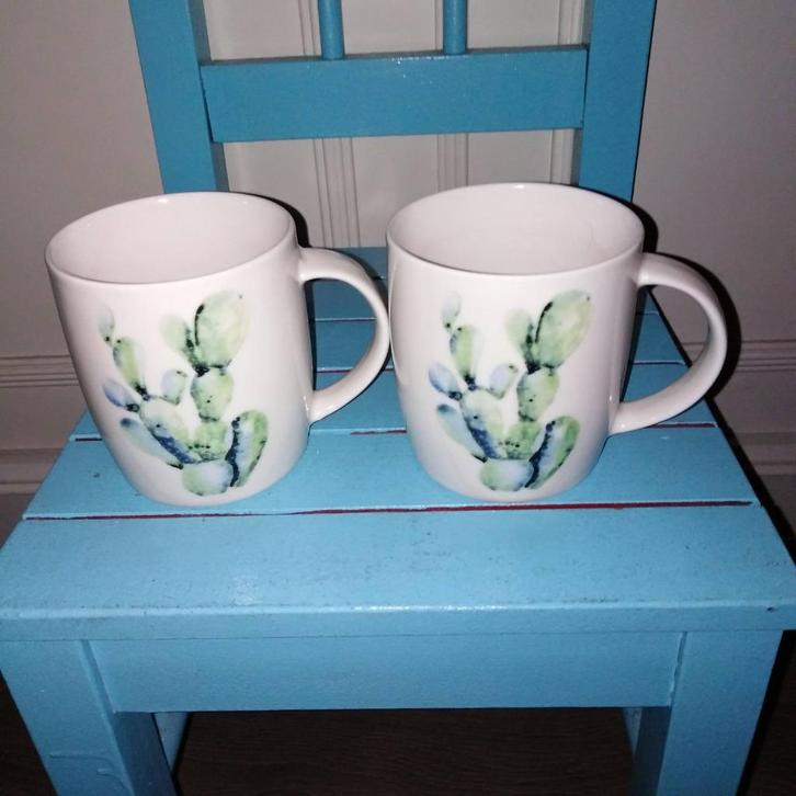 Bekers met lichtgroene cactussen siaki 2 stuks, Huis en Inrichting, Keuken | Servies, Gebruikt, Glas of Glazen, Overige stijlen