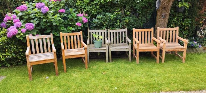 Teakhouten tuinstoelen 6 st., Tuin en Terras, Tuinsets en Loungesets, Gebruikt, Teakhout, Ophalen