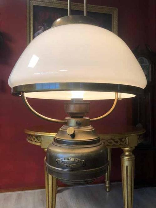 Hanglamp / Olielamp koper; American coop 1850 olie lamp, Huis en Inrichting, Lampen | Kroonluchters, Glas, Metaal, Overige materialen