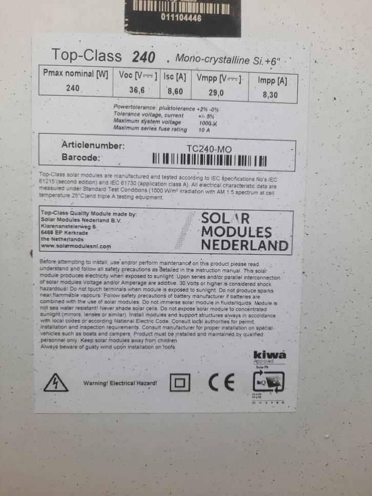 18 zonnepanelen 240Wp  Ophalen teab, Doe-het-zelf en Verbouw, Zonnepanelen en Toebehoren, Gebruikt, Paneel, 200 wattpiek of meer