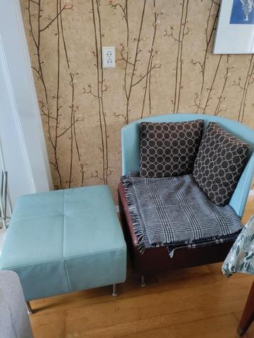 Design leren fauteuil inclusief poef en kussens  beschikbaar voor biedingen