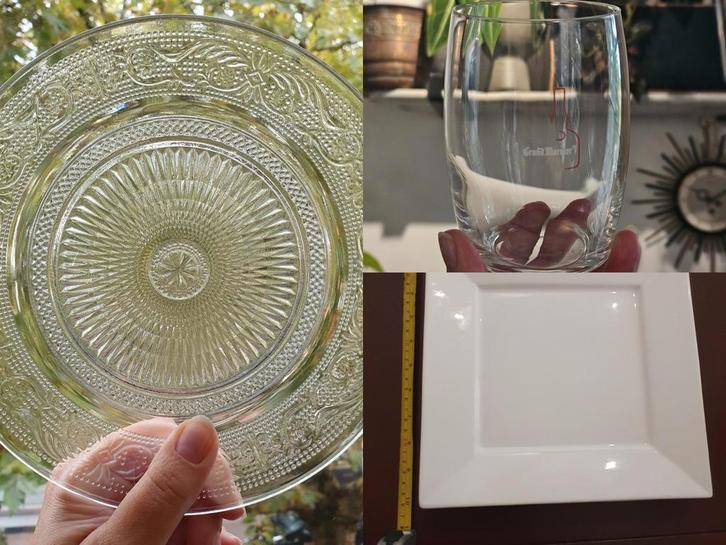Glazen (6x), grote vierkante dinerborden (2x), Huis en Inrichting, Keuken | Servies, Nieuw, Bord(en), Overige stijlen, Glas, Ophalen