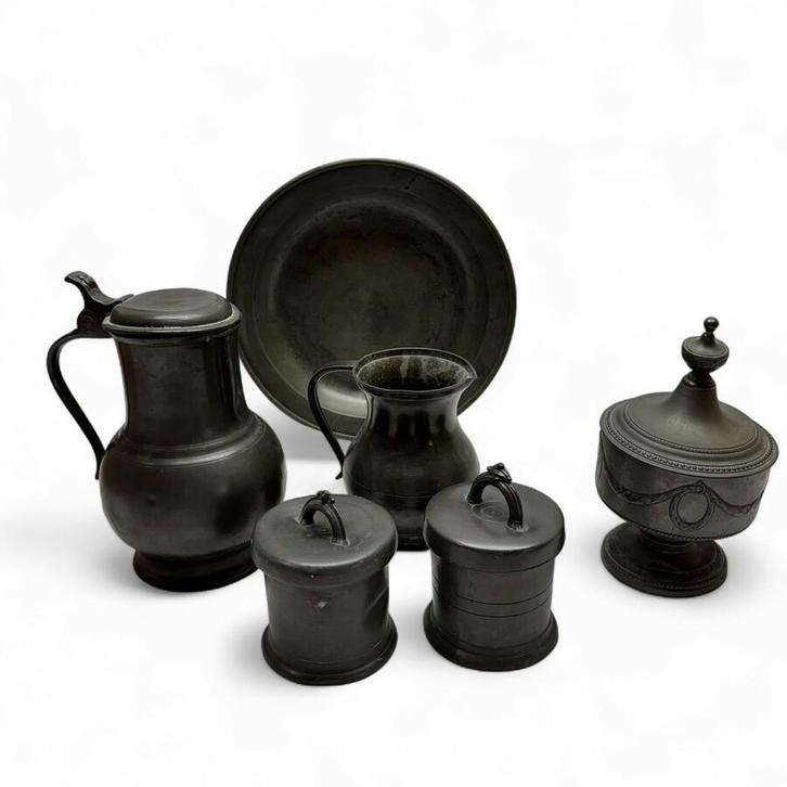 Lot antiek tin (6x), waaronder boterbus Lubach Leeuwarden, Antiek en Kunst, Antiek | Tin, Ophalen of Verzenden