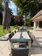 Twee stalen/eiken tuintafels, 17 stoelen 12 kussens, Ophalen, Gebruikt, Rechthoekig, Rvs