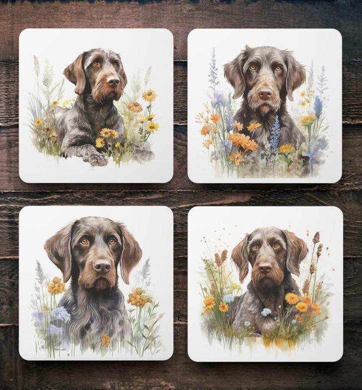 Duitse Staande Draadhaar Aquarel onderzetters met houder, Huis en Inrichting, Woonaccessoires | Onderzetters, Nieuw, Glas of Kopje