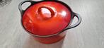 Rood oranje Emaille Braadpan - 25cm rode pan koken bakken, Gebruikt, Gietijzer, Ophalen of Verzenden, Keramische plaat