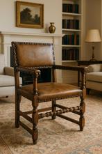 Vintage eikenhouten armstoel - origineel leer (1920–1950), Ophalen of Verzenden