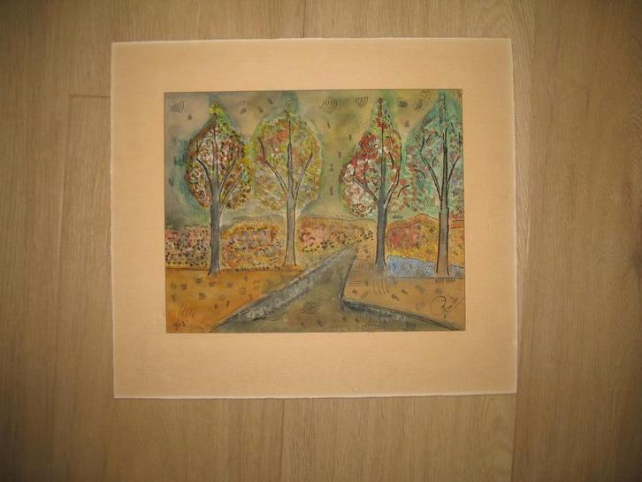 Tekening Aquarel Ingetekend Mix van Gekleurde Bomen 1963, Antiek en Kunst, Kunst | Overige Kunst, Ophalen of Verzenden
