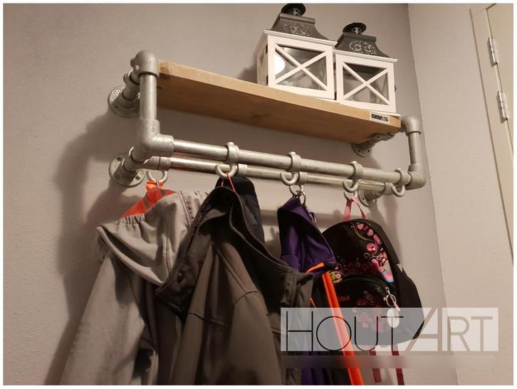 Kapstok luxe dubbel: steigerbuis met steigerhout, Huis en Inrichting, Woonaccessoires | Kapstokken, Nieuw, Wandkapstok, Minder dan 100 cm