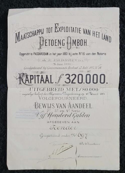 Maatsch. tot Exploitatie van het land Petoeng Omboh aandelen, Postzegels en Munten, Aandelen en Waardepapieren, Aandeel, Voor 1920