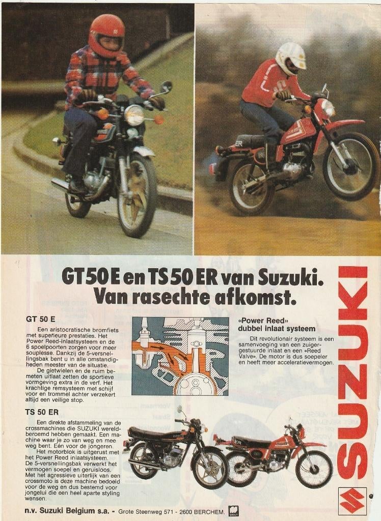 Retro reclame 1980 Suzuki brommer GT50E & TS50ER, Verzenden, Overige typen