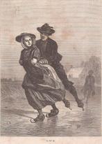 Zeeland Schaatsen Op het IJs in klederdracht ca. 1880 houtgr, Antiek en Kunst, Ophalen of Verzenden