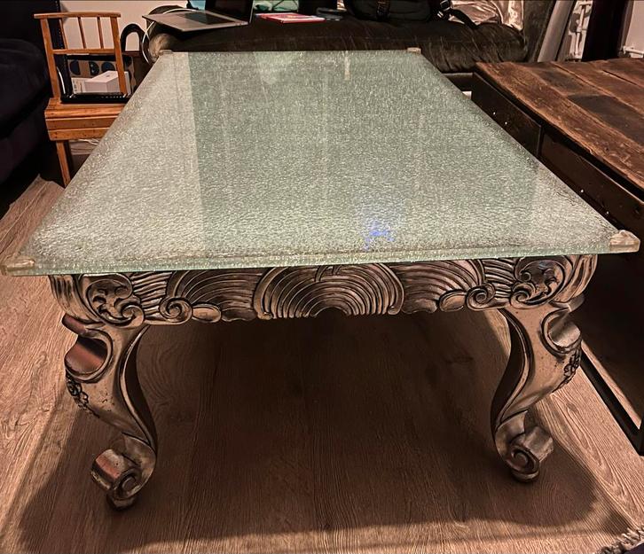 Barok salontafel met craquelé glasplaat, Huis en Inrichting, Tafels | Salontafels, Zo goed als nieuw, Minder dan 50 cm, 100 tot 150 cm