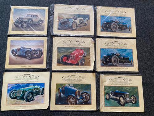 Set 9 klassieke auto art prints – o.a. Bugatti, Maserati, Verzamelen, Overige Verzamelen, Zo goed als nieuw, Ophalen