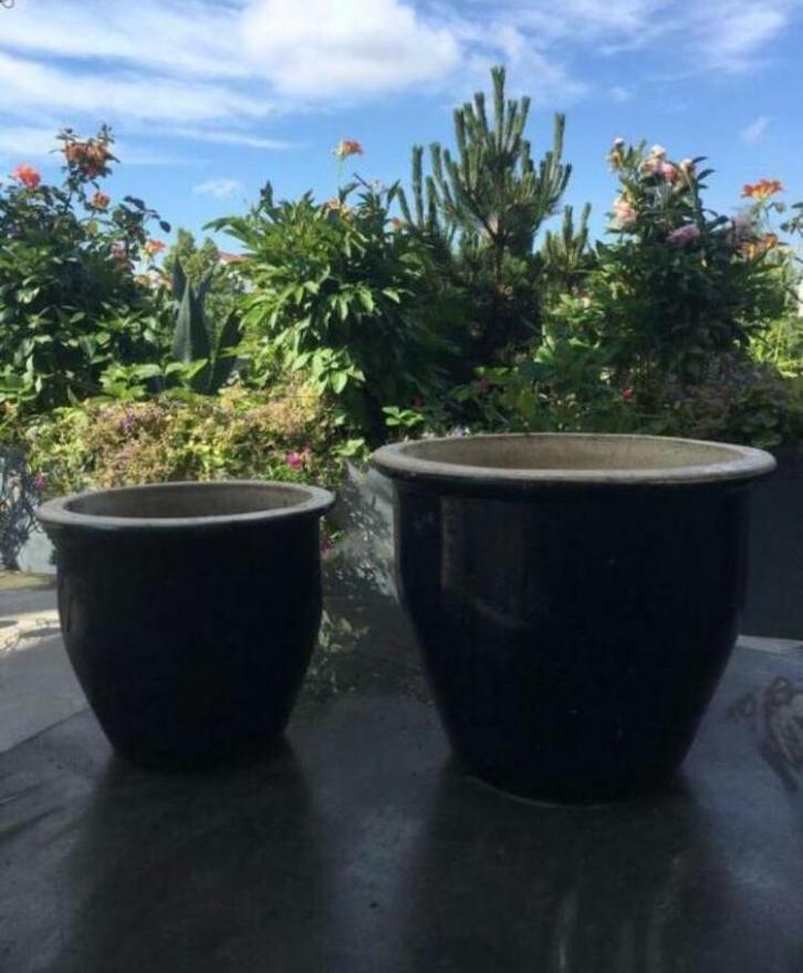 Oude geglazuurde stenen bloempotten blauw groen diverse, Tuin en Terras, Bloempotten, Zo goed als nieuw, Terracotta, Binnen, Balkon