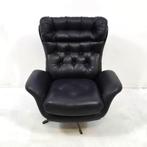Mid century design leren fauteuil met voetenbank vintage, Huis en Inrichting, Fauteuils, Ophalen, Gebruikt, Minder dan 75 cm, Metaal