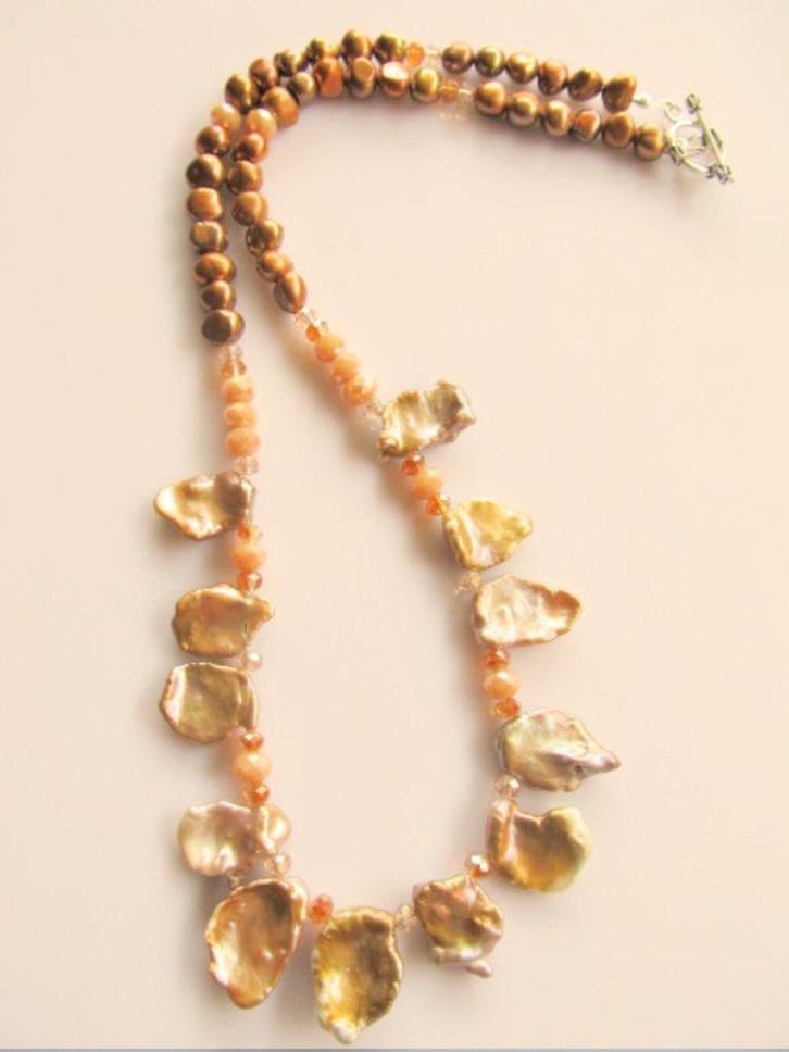 Ketting Keshi Brown parels-kristalglas facet zilver, Sieraden, Tassen en Uiterlijk, Kettingen, Nieuw, Zilver, Bruin, Met kristal