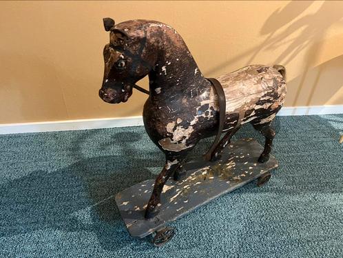 Uniek antiek houten paard op wieltjes, opknappertje!, Antiek en Kunst, Antiek | Speelgoed, Ophalen