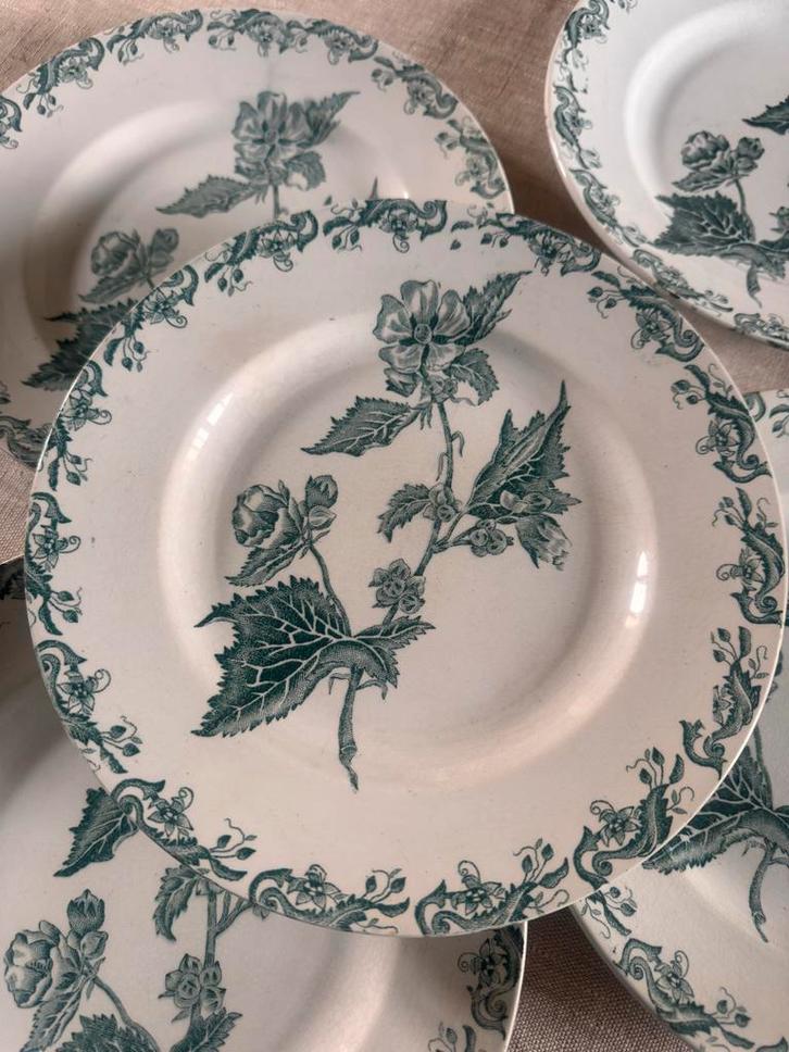 Antieke Franse bordjes  - Decor Richelieu in groen, Antiek en Kunst, Antiek | Servies los, Ophalen of Verzenden