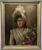 Antiek schilderij op doek-Jonge vrouw met hoed en bloemenboe, Antiek en Kunst, Ophalen of Verzenden