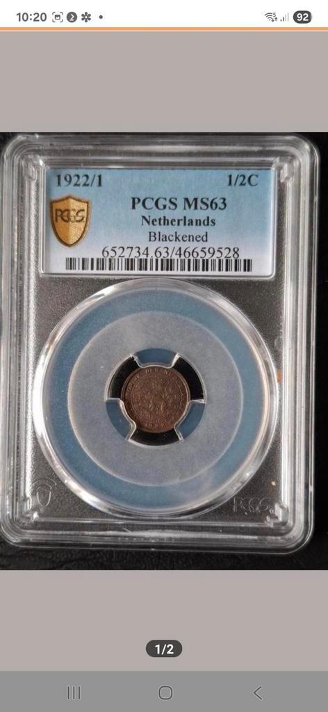 1/2 Cent 1922 over 1921 overslag MS63 by PCGS. Zeldzaam., Postzegels en Munten, Munten | Nederland, Losse munt, Overige waardes