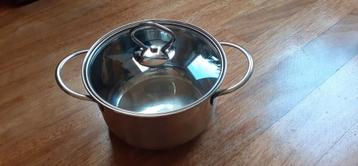 Roestvrij stalen pan met glazen deksel. Doorsnede 18 cm.  beschikbaar voor biedingen