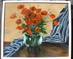 Olieverf schilderij met klaprozen in glazen vaas, gesigneerd, 50 tot 75 cm, Ophalen of Verzenden, Zo goed als nieuw, Schilderij