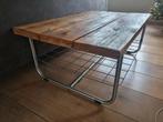 Stoere salontafel met metalen Chroom onderstel., 100 tot 150 cm, Minder dan 50 cm, Rechthoekig, 50 tot 100 cm