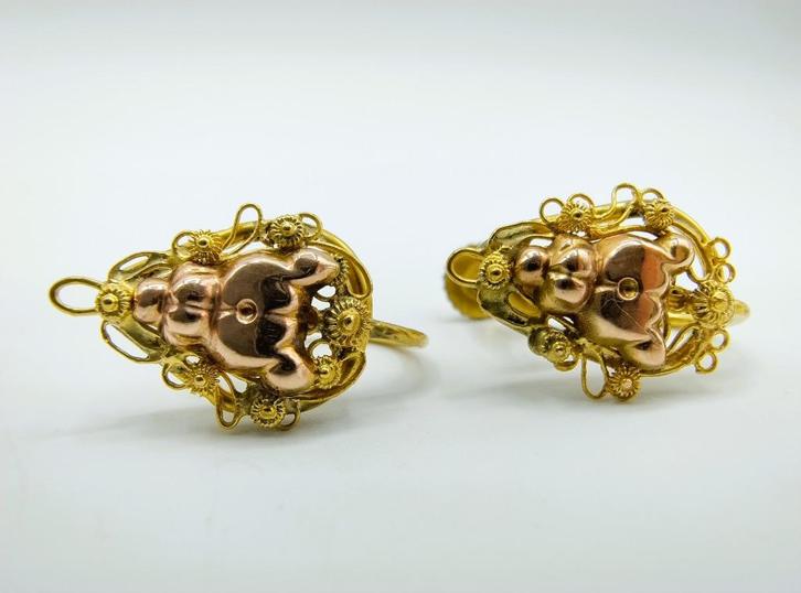 Antieke gouden schroef oorbellen, filigrein goud., Sieraden, Tassen en Uiterlijk, Antieke sieraden, Oorbellen, Goud, Verzenden