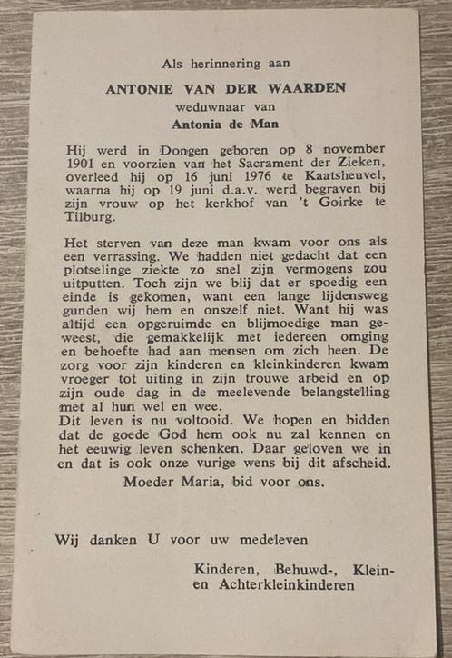 Antonie van der Waarden 1901 Dongen 1976 Kaatsheuvel, Verzamelen, Bidprentjes en Rouwkaarten, Ophalen of Verzenden