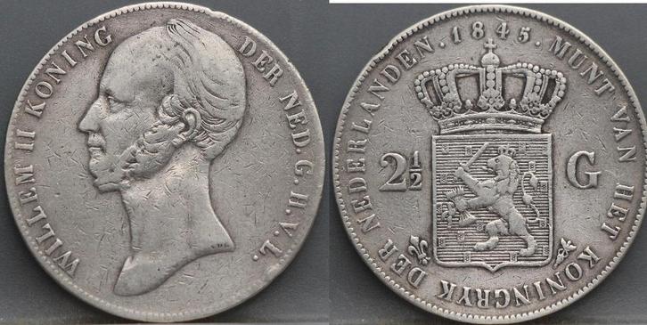 Rijksdaalder 1845 - 2 1/2 gulden 1845 streep - Willem 2, Postzegels en Munten, Munten | Nederland, Euro's, Koningin Beatrix, Zilver