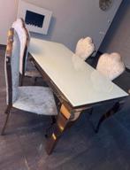 Glazen eettafel met 4 fluwelen stoelen + salon tafel., Huis en Inrichting, Complete eetkamers, Ophalen of Verzenden, Zo goed als nieuw