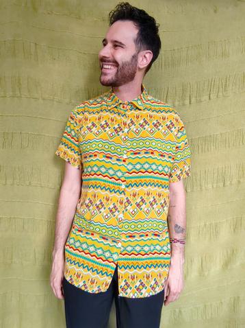 Vintage overhemd / shirt / print / geel / medium / M / beschikbaar voor biedingen