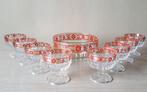 Kom + 8 coupes met 60's print (vintage) – portiecontrole ;-), Gebruikt, Ophalen of Verzenden, Glas, Kom(men)
