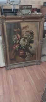 Schilderij met bloemen en beeldje, Ophalen of Verzenden