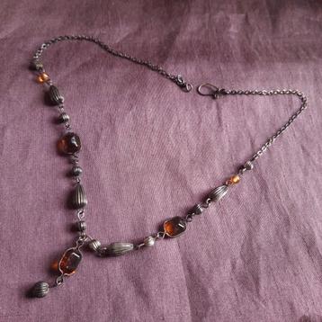 Vintage Halsketting Bruin Glas Verzilverd Koper beschikbaar voor biedingen