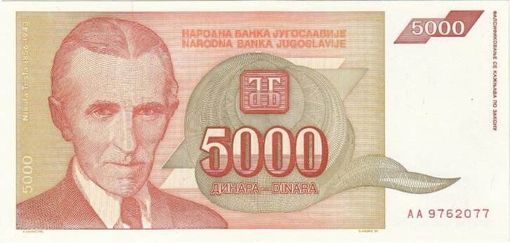 Joegoslavïe -5000 Dinar 1993 UNC serie AA 9762077 - P128, Postzegels en Munten, Bankbiljetten | Europa | Niet-Eurobiljetten, Joegoslavië