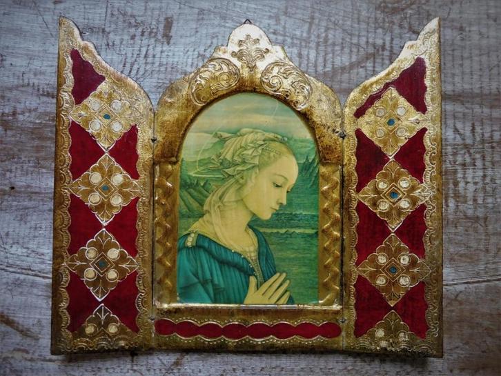 Goud verguld 3 luik drieluik Icoon Maria naar Filippo Lippi, Antiek en Kunst, Antiek | Religie, Ophalen of Verzenden