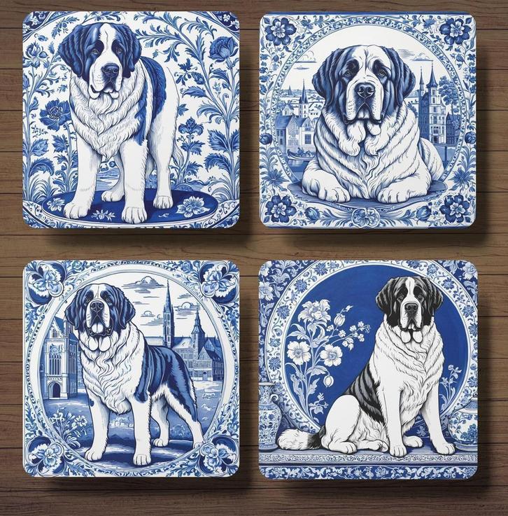 Sint Bernard Delfts Blauw onderzetters met houder, Huis en Inrichting, Woonaccessoires | Onderzetters, Nieuw, Glas of Kopje, Ophalen of Verzenden
