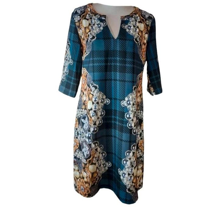 Etoile Du Monde Blauwe Jurk Sieraden Print Maat 4 (44), Kleding | Dames, Jurken, Zo goed als nieuw, Maat 42/44 (L), Blauw, Knielengte