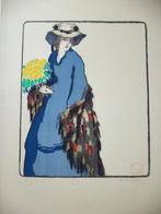 Art Deco ingekleurde litho pochoir elegante dame met hoed, Ophalen of Verzenden