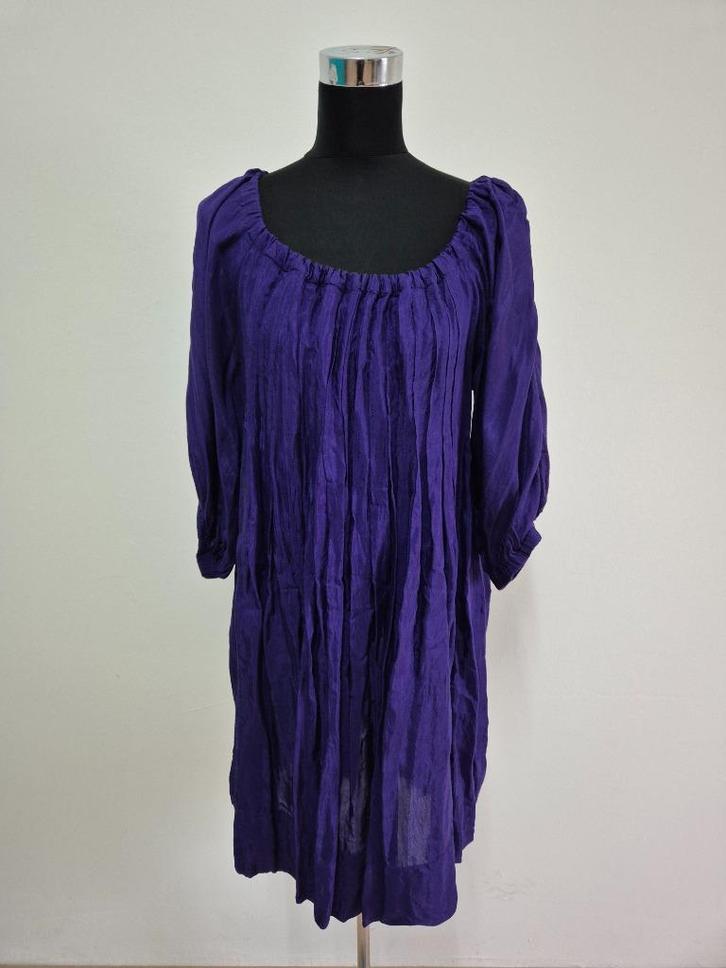 J592 - Paarse Cora Kemperman jurk maat L (1), Kleding | Dames, Jurken, Zo goed als nieuw, Maat 38/40 (M), Paars, Onder de knie