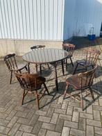 Ronde houten tafel met 6 stoelen, Ophalen, Gebruikt, Rechthoekig, 50 tot 100 cm
