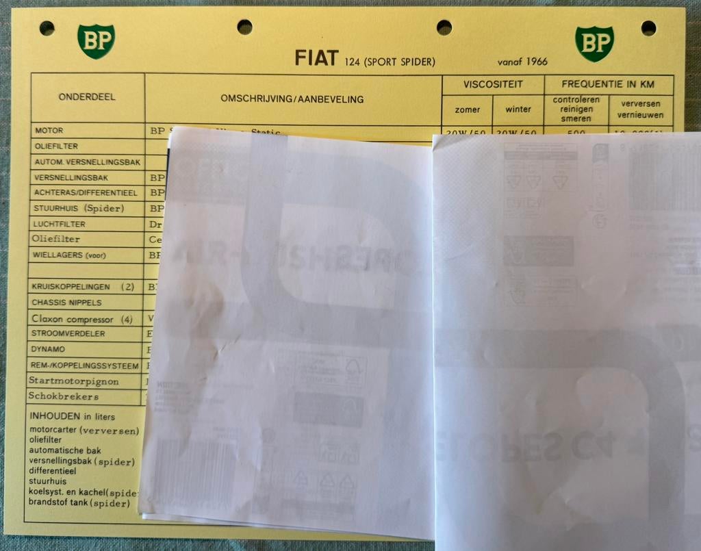 Smeerkaart BP Fiat 124 en Sport Spider vanaf 1966, Ophalen of Verzenden, Zo goed als nieuw, Auto's