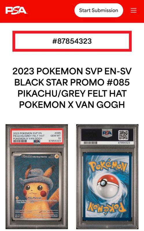 Pikachu Grey Felt Hat Pokemon x van Gogh PSA10, Verzamelen, Complete verzamelingen en Collecties, Verzenden