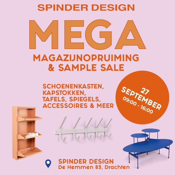 MEGA Sample Sale Spinder Design – 27 sept. Drachten, Huis en Inrichting, Overige Huis en Inrichting, Zo goed als nieuw, Ophalen