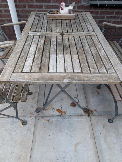 Houten Tuinset - Tafel en 2 Stoelen en 2 zitsbankje, Tuin en Terras, Tuintafels, Gebruikt, Rechthoekig, Hout, Ophalen