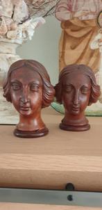 2 houtsnijwerk dames hoofdjes 14 cm hoog, Antiek en Kunst, Ophalen of Verzenden